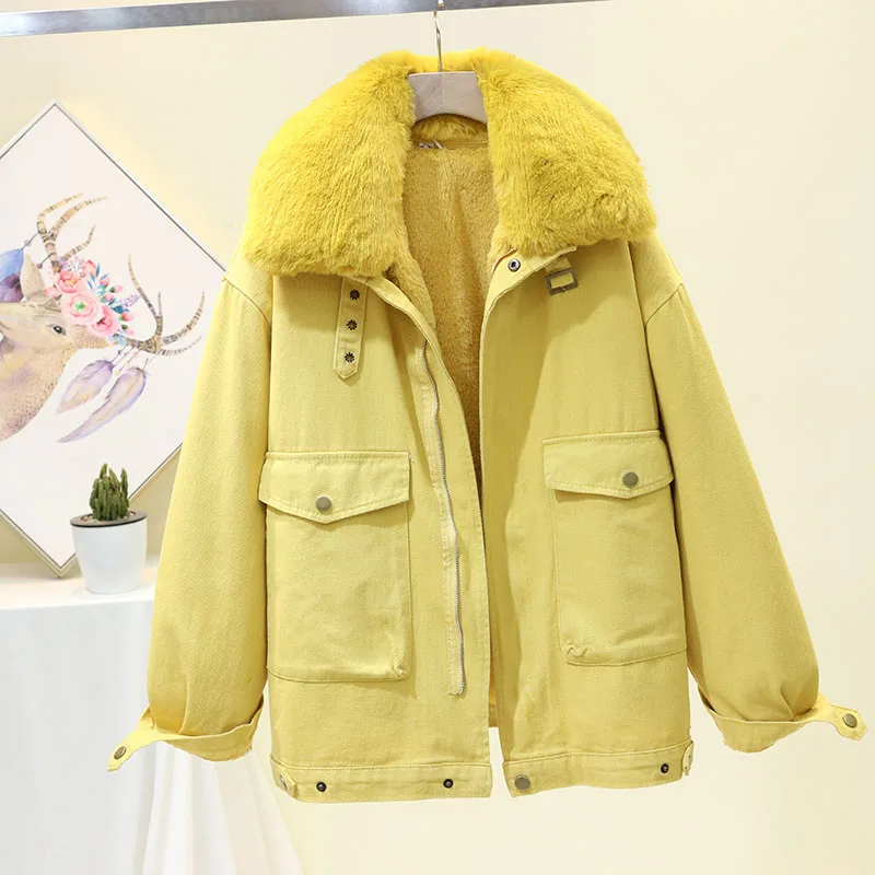 Winter Parka Women Jacket Korean Fashion Big Fur Collar+ Lamb Plush Liner Outerwear Female Thick Warm Loose Ladies Jacket