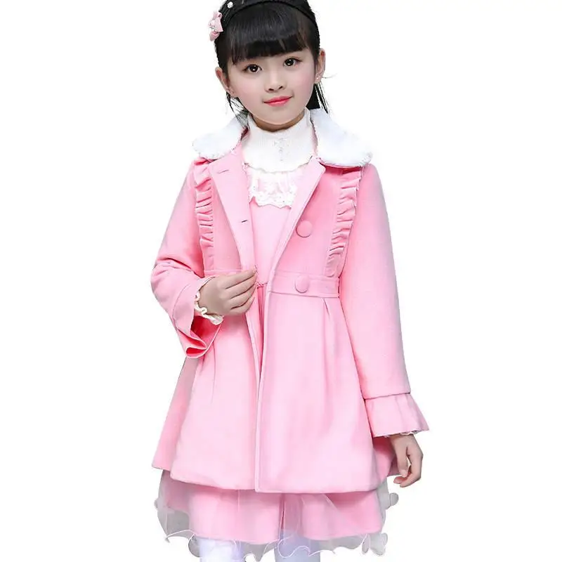 Spring Autumn New Children Girl Warm Wool Coat+ Vest Dress Sets Kids Girls Faux Fur Collar Wool Blends Coats Clothing W264