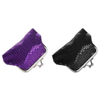 

2 Pcs Women's Sequins Coin Purse Buckle Mini Wallet - Black & Purple