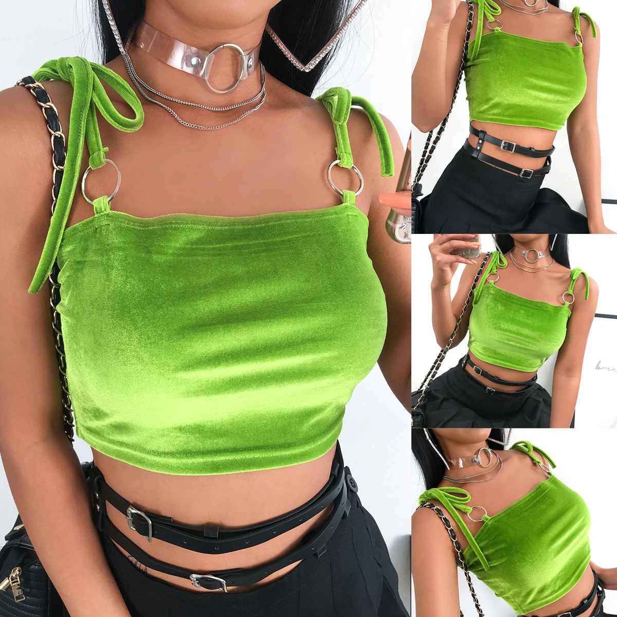 

Summer Sexy Camis Women Green Solid Crop Top Sleeveless Shirt Sexy Strappy Slim Lady Bralette Tops Strap Skinny Vest Camisole