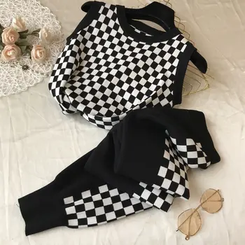 

Summer Knitted Tank Top + High Waist Knit Pants Set Women Sleeveless V-neck Plaid Vest Crop Top Mid-Calf Length Two Piece Set