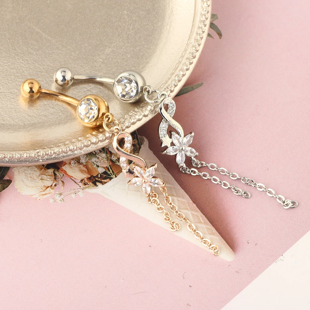 JUNLOWPY Wholesale Body Jewelry Silver Color Crystal Belly Button Rings 16G Titanium Dangle Belly Ring Bellybutton Piercing