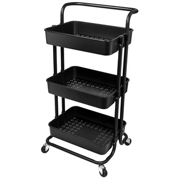 

HOMEMAXS 3 Tier Utility Cart Rolling Metal Organizer Cart Storage Shelves with Handle and Wheels (Black) A30