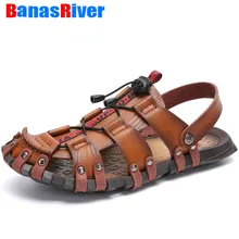 Уличная обувь на плоской подошве; повседневные мужские мягкие сандалии без застежки; удобные летние кожаные пляжные туфли в римском стиле; большие размеры 38-47