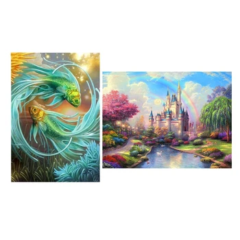 

2 Set DIY 5D Diamond Painting Craft Cross Stitch Embroidery Home Decor - Fish & Rainbow Castle