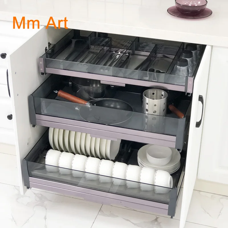 Drawer-Type Tempered Glass Kitchen Cabinet Storage Dish Rack