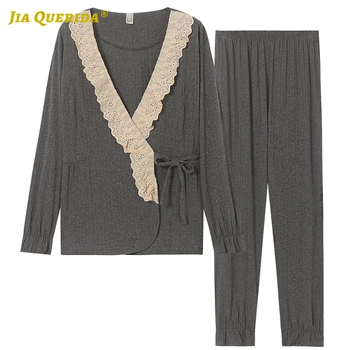 

Spring Autumn Soft Solid Gray Long Sleeve Long Pants Sleepwear Fashion Casual Style Woman Pajamas Set Ladies Woman Pijama Set