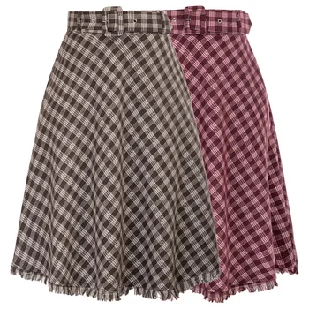 

BP Women Tasselled Hem Swing Skirt Elastic Waist Belt Decorated Plaided With Belt-fitted Loops Flared A-Line Silhouette
