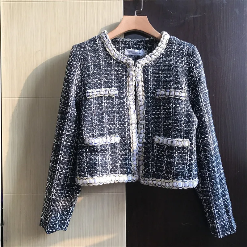 

Women Plaid Tweed Basic Jacket Heavy Pearls Beading Chains Formal Blazer Suit Jackets New 2019 Winter Coats Female Tops XA70