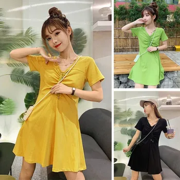 

Summer Women Dress Short Sleeve Tights Stretch Solid Color Ladies Dress Lace Strap Loose Sexy Mini Dresses