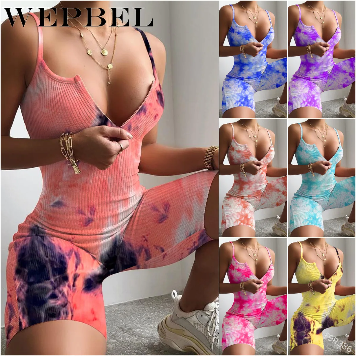 

WEPBEL Playsuits Summer V-neck Spaghetti Strap High Waist Casual Playsuits Women's Fashion Tie-Dye Printed Skinny Playsuits