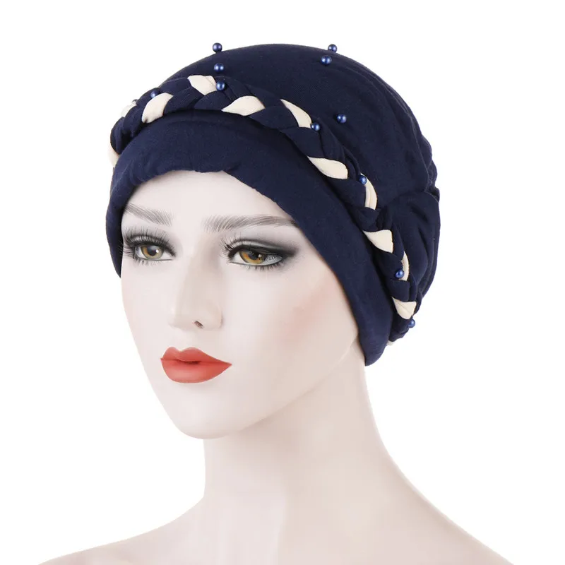 Bandanas Women Bead Braid Cotton Turban Hat Scarf Cancer Chemo Beanies Caps Hijab Headwear Head Wrap Plated Hair Loss Cover