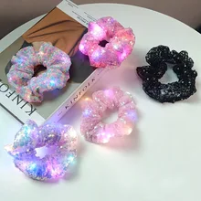 

New Arrival Girls LED Luminous Scrunchies Hairband Ponytail Holder Headwear Elastic Hair Bands Mesh Hair Rope Hair Accessories