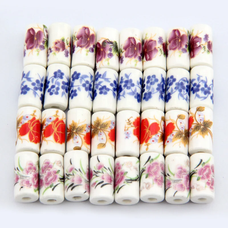 10pcs 9mm*17mm Chinese Blue And White Porcelain Beads Flower Cylinder Ceramic Spacer Beads For DIY Jewelry Making Accessories