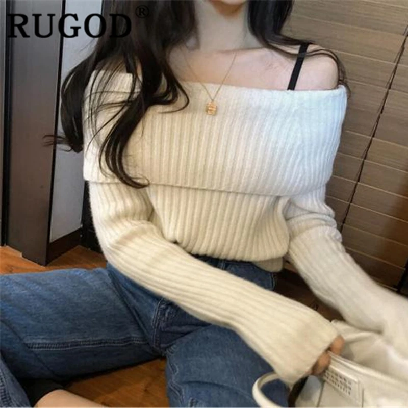 RUGOD женский однотонный теплый свитер пуловер с вырезом лодочкой тонкий открытыми