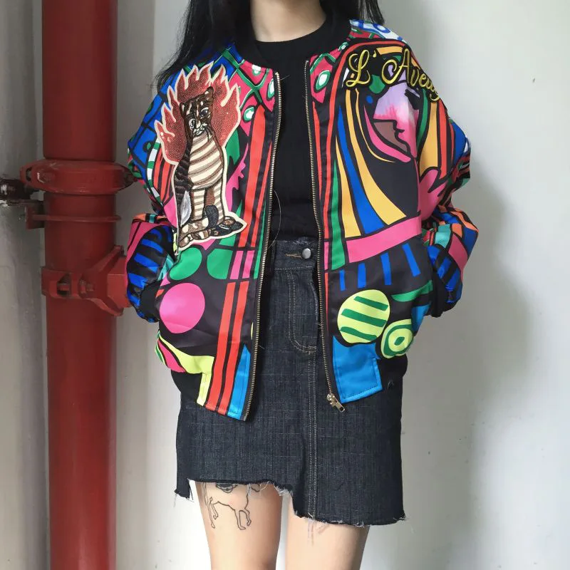 

Embroidery Bomber Jacket Women Harajuku Cat Pilot Jacket Coat 2019 Patchwork Printing Baseball Basic Casual Jackets Outwear Lady