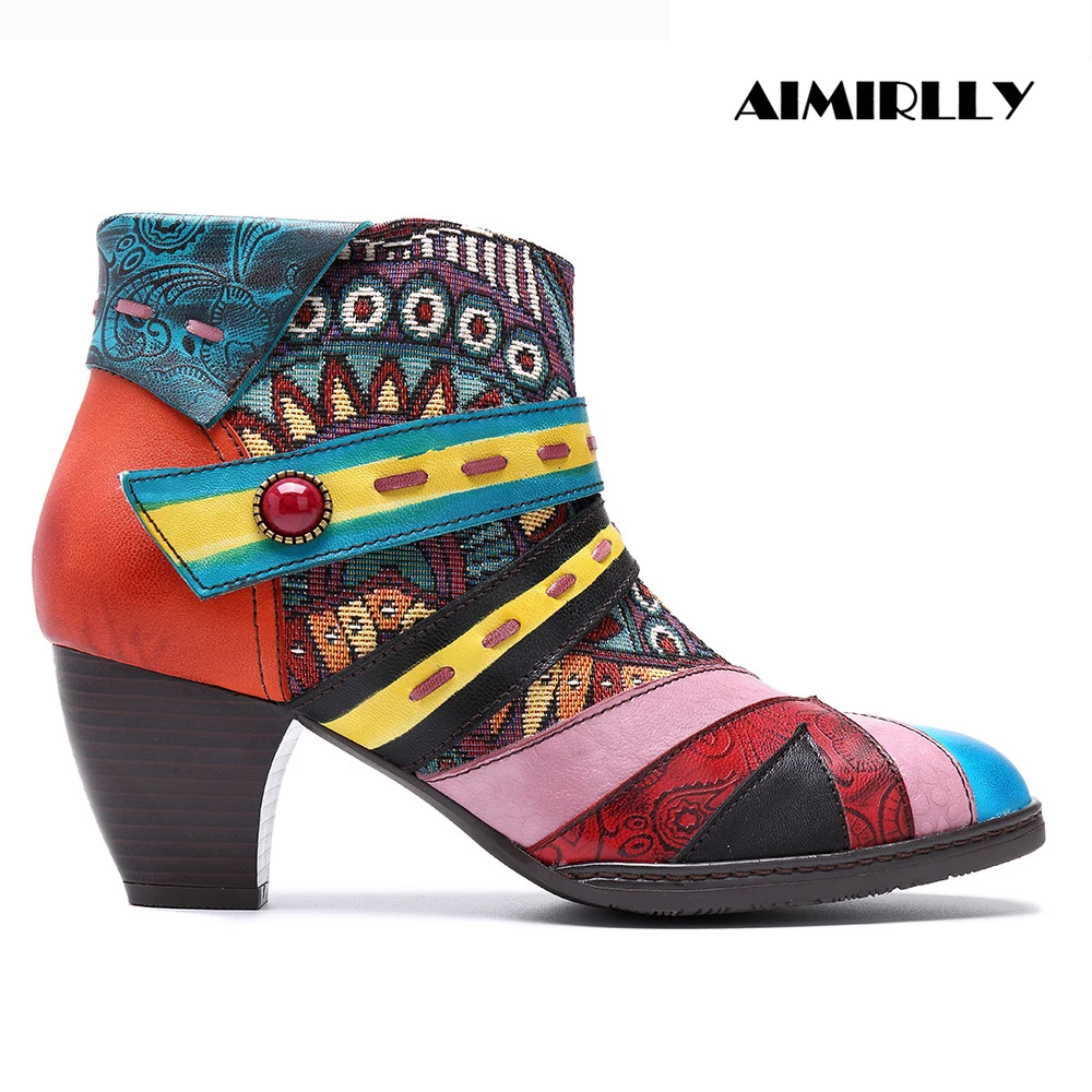 

Womens Ankle Boots Round Toe Mid Heel Cow Leather & Fabric Patchwork Booties Straps Retro Female Shoes Ankle Buckle Short Zipper