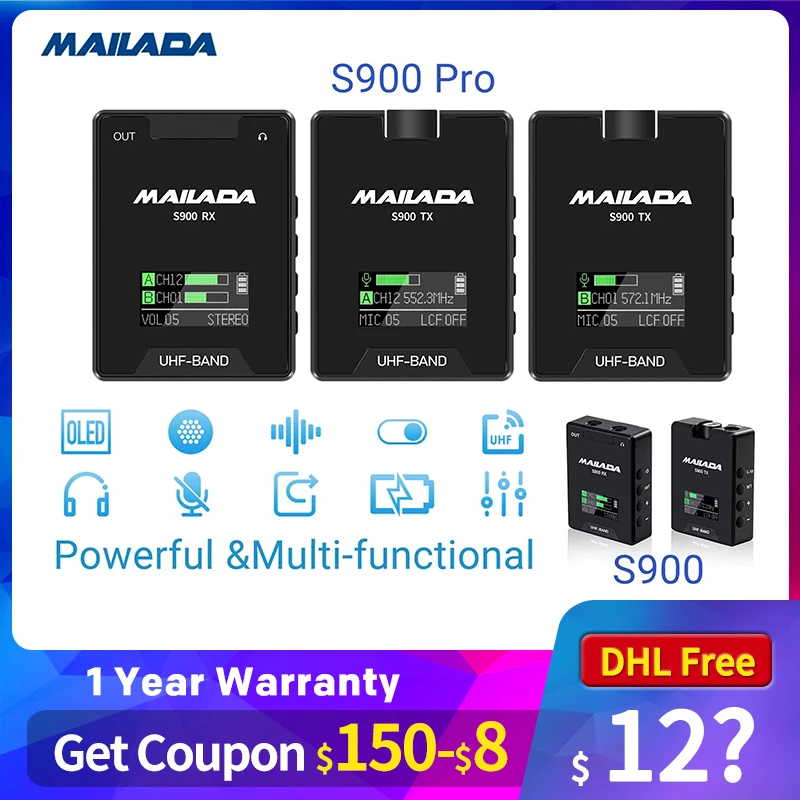 Mailada S900 Pro UHF wireless microphone TX RX for DSLR Smartphone Vlog Interview iPhone Android PK Rode comica saramonic BOYA |