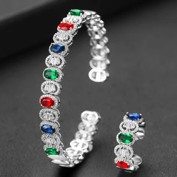 

SisCathy 2PCS Romantic Elegant Bridal Dubai African Wedding Jewelry Sets Multicolor Crystal Cubic Zircon Bangle/Ring For Women