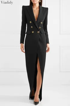 

Women Long Sleeve Deep V Neck Black Blazer Dress OL Zipper Design Button High Slit Irregular Maxi Dress