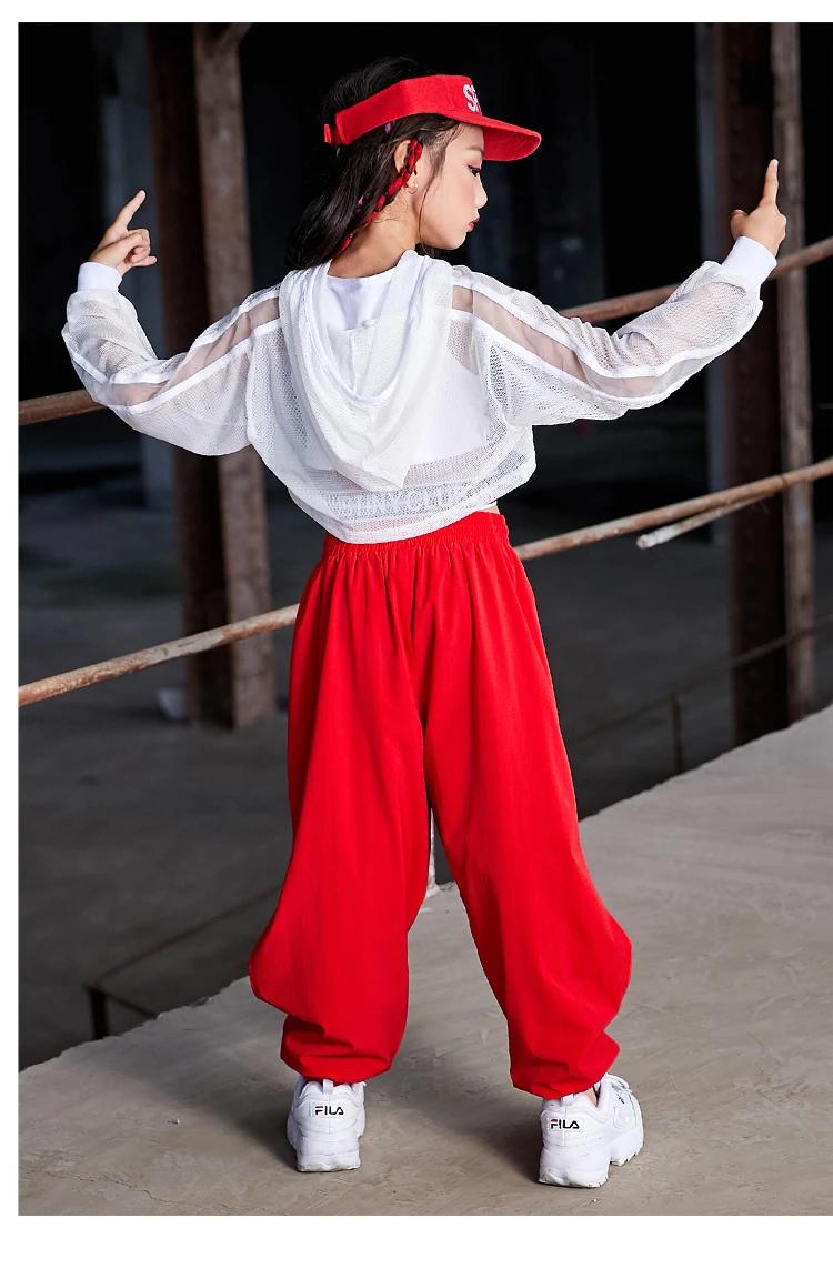Детские костюмы для джазовых танцев, белые топы, красные брюки в стиле хип-хоп, одежда в стиле хип-хоп для девочек, современная одежда для бальных танцев DQS3356