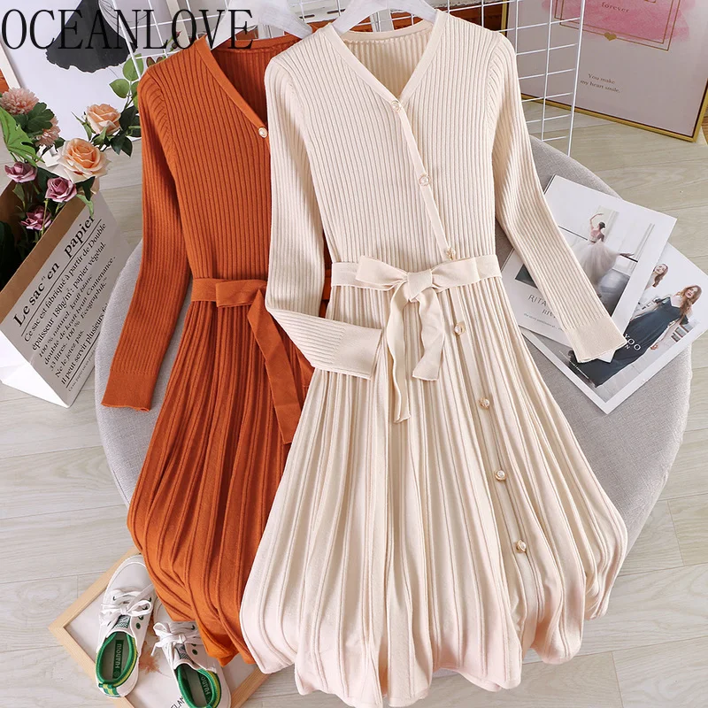 OCEANLOVE Lace Up Women Dress Solid 2020 Korean A-line Long Dresses Casual V Neck Beading Retro Pleated Knitted Vestidos 13604 |