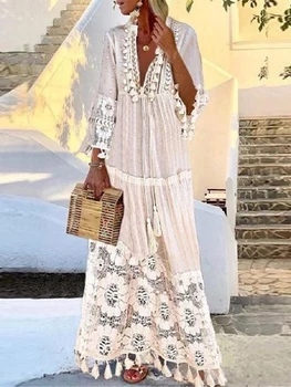 

Boho Beach Dress White Embroidered Tunic Swimsuit Cover Up See-through Sexy Long Dress Beach Long Sleeve Vacation Beachwear