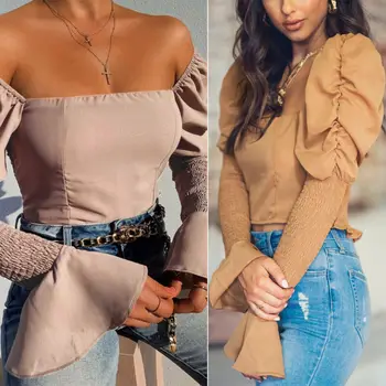 

Women's Long Bell Sleeve Tops Square Neck Casual Tunics Crop Shirt Blouse Tee Lady Clothes