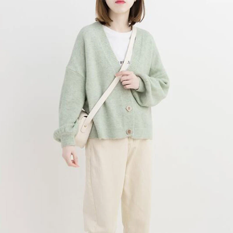 Sweet Women Girls Knitted V Neck Sweater Fashion Cardigan Knitwear Autumn Korean Female Long Sleeve Short Casual Outwear Coat