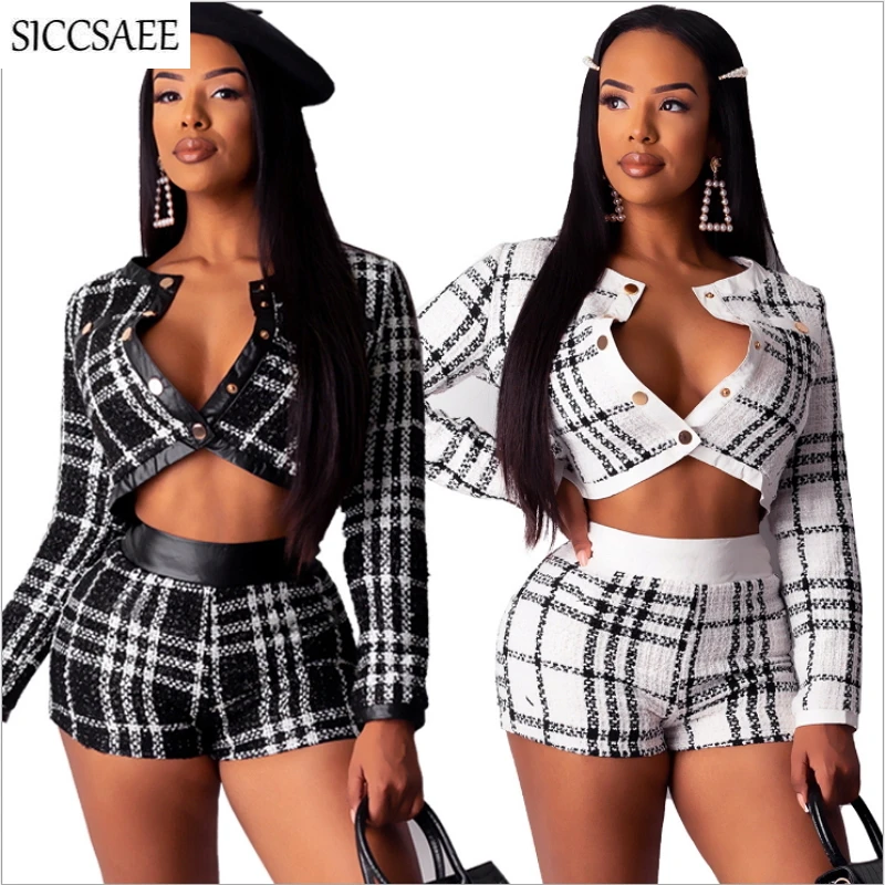 

Plaid Printed Two Piece Set Tweed Thickening Checkered Bodycon Bodysuit Cardigan Crop Top And Shorts Sets PU Patchwork Clothing