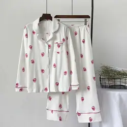 Новинка 2018 года, весенне-осенний хлопковый пижамный комплект, Женская домашняя одежда с отворотом и рисунком клубники, повседневная одежда