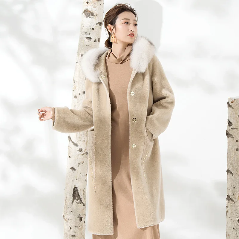 Длинная зимняя куртка, пальто из натурального меха для женщин, воротник из лисьего меха, с капюшоном, винтажная Корейская шерсть, пальто из овечьей шерсти, Abrigo Mujer F808 KJ3184