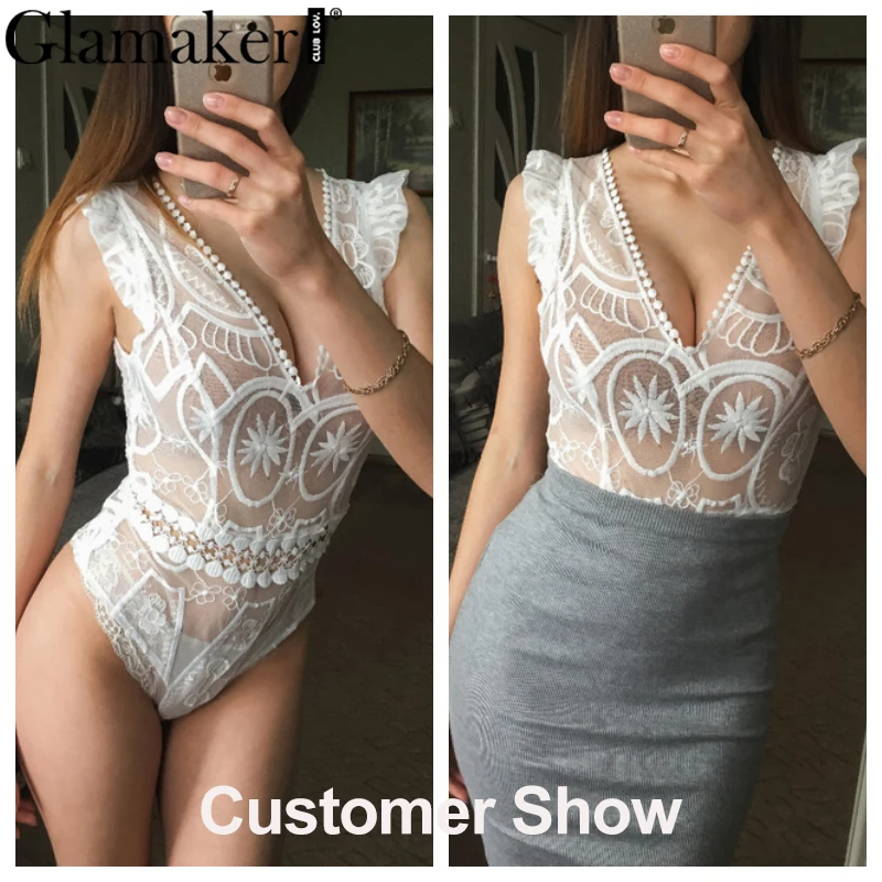 Женский кружевной комбинезон Glamaker прозрачный из сетки с v образным вырезом