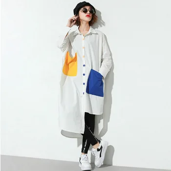 

New Women's Long Casual Shirt Mixed Color Loose Long Sleeve Irregular With Pocket Black White Z3