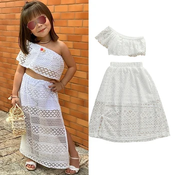 

Summer Lace One Shoulder Crop Tops Skirt Cotton Casual Outfits Girl Clothing Cute 1-6Y Toddler Kids Baby Girls Clothes Set
