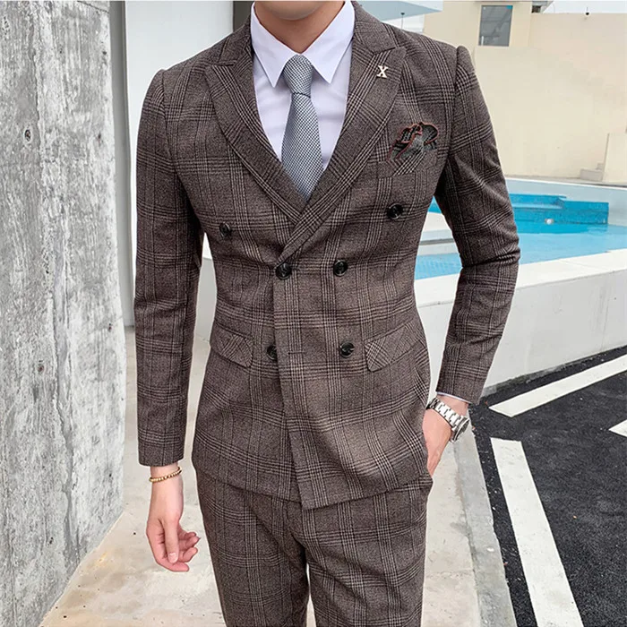 Coffee Мужской s Slim Fit двубортный костюм черный серый 3 шт смокинг джентльмена свадебный костюм для жениха деловые костюмы для мужчин Q871 - Цвет: Coffee
