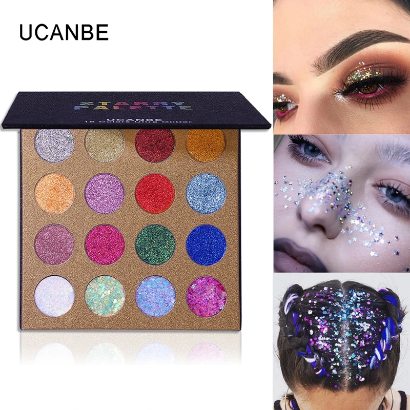 UCANBE, 16 цветов, Сияющие блестящие тени для век, паста для глаз, для лица, для тела, для подсвечивания, для фестиваля, макияж, Металлические тени для век, палитра