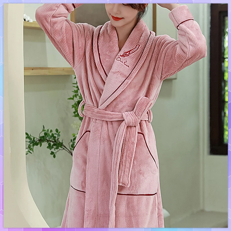Solid Winter Warm Robes Women's Nightgowns Thick Bathrobe Female Coral Fleece Kimono Sleepwear Home Clothes Dressing Gown