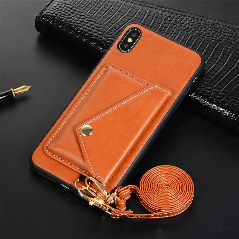 

Tikitaka Leather Card Case For iPhone X XR XS Max 8Plus Cases Solid With Lanyard Wallet Cover For iPhone XS 6 6SPlus 8 7 Plus