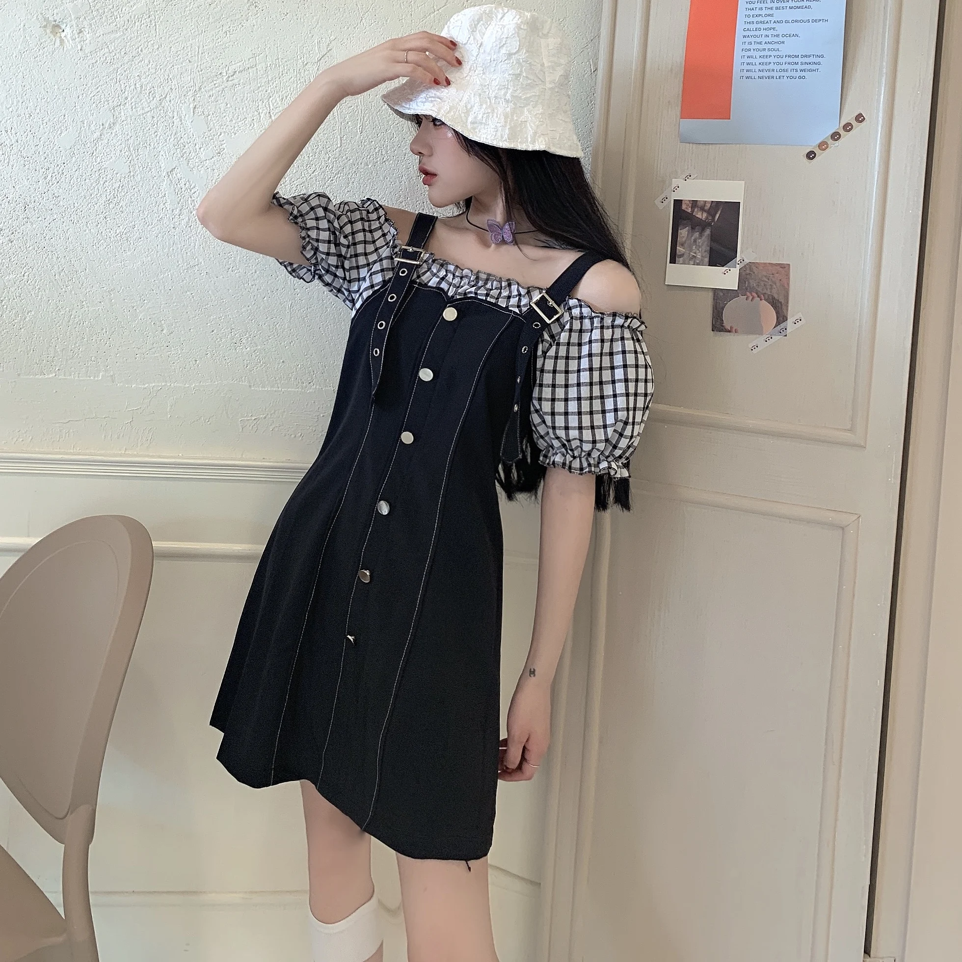 

Korean Fashion Summer Dresses Women Strapless Sexy Vintage High Waist Ladies Clothes Female A-line Skirt Puff Sleeve Dress Grid