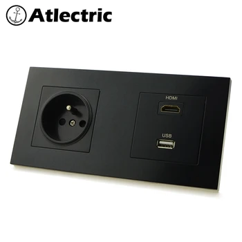 

Atlectric FR Standard Plug Double Socket HDMI TV Port USB Data Socket Wall Power Plastic Panel Electrical Outlet
