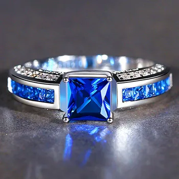 

Square sapphire gemstones zircon diamonds Rings for women blue crystal white gold silver color anillos jewelry bijoux bague gift
