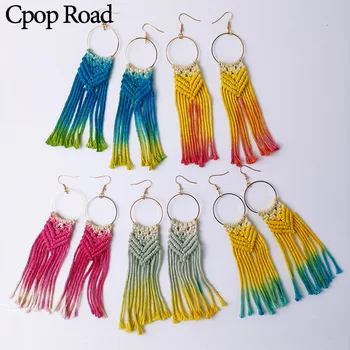 

Cpop Colorful Cotton Thread Weave Macrame Earrings Geometric Hollow Circle Long Tassel Pendant Earring Women Accessories Jewelry