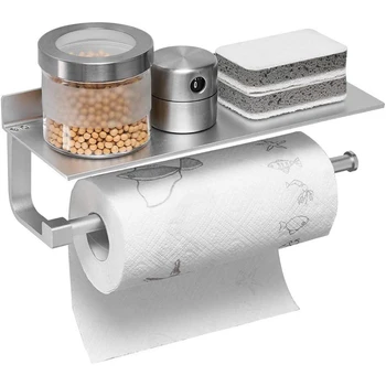 

Kitchen Wall Mounted Paper Towel Holder, Bathroom Tissue Roll Hanger with Mobile Phone Storage Shelf