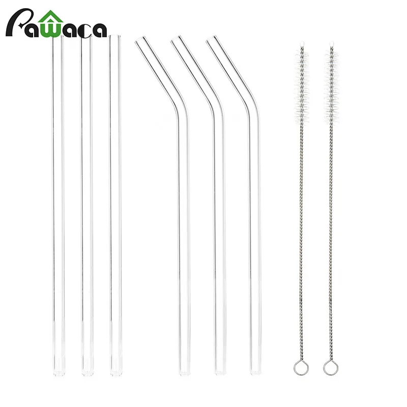 

8pcs Glass Straw Clear Drinking Straws Reusable Dispensers Straight Bent Healthy Friendly Cold Bevarage Cocktail Cleaning Brush