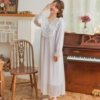 

Sweet princess vintage ice silk full sleeves nightgown sexy V-neck women modal nightdress calf-length long style solid nightie
