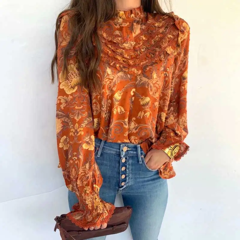Gypsylady orange print womens tops and blouses long sleeve frill blouse shirt female casual ladies boho new blusas |