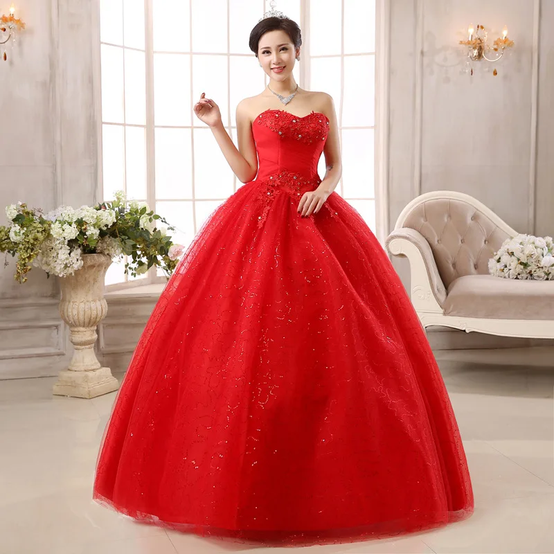 Popodion plus size wedding gowns red wedding dress flower strapless bride dress WED90545