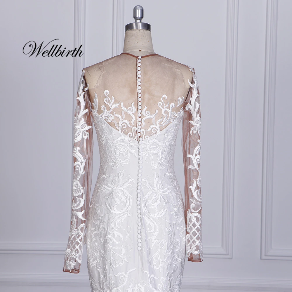 Реальное изображение Wellbirth Vestido de novia Тюль бисера Русалка свадебное платье полный рукав возлюбленной шеи свадебное платье 3021