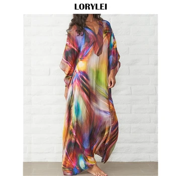 

2020 Quick-drying Bohemian Printed V-Neck Cape Sleeve Loose Summer Beach Dress Tunic Women Beachwear Long Robe de plage Q831